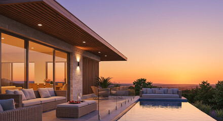 Poster - Modern luxury villa with infinity pool overlooking scenic sunset landscape