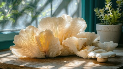 Wall Mural - Elegant mushrooms by a sunlit window, serene still life