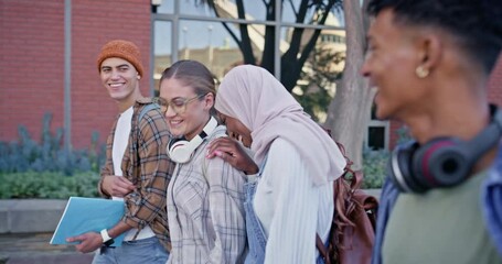 Poster - Happy students, diversity and walking with books to class for learning, education or social chat at campus. Young group, people or learners with friends for conversation or discussion at college
