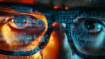 Wall Mural - closeup of man wearing glasses with glowing binary code reflection