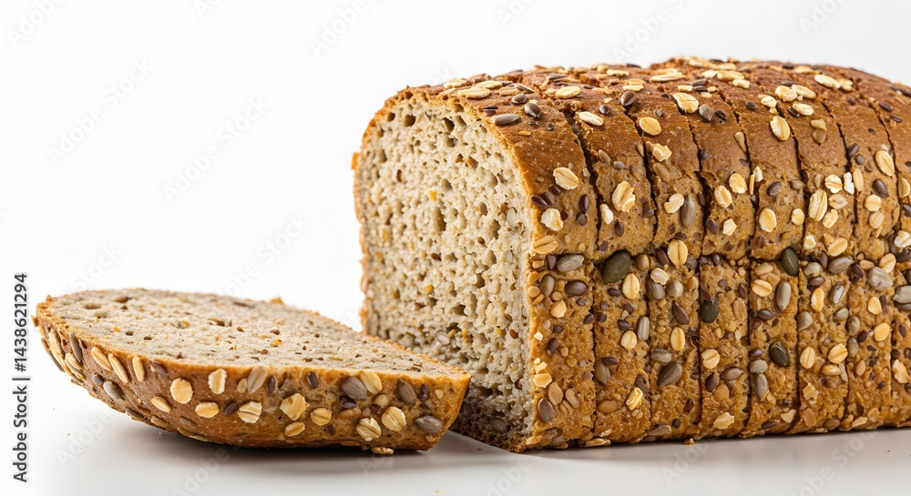 Side view of a sliced loaf of whole grain bread with visible seeds ...