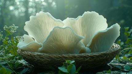 Wall Mural - Glowing mushrooms in basket on forest floor