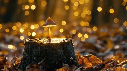 Wall Mural - Glowing mushroom atop a stump in a golden forest