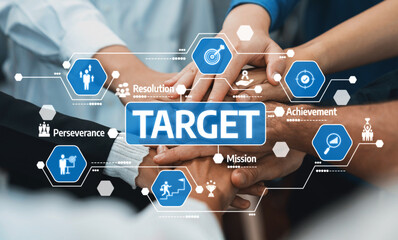 Poster - Group of diverse office worker join hand together in office room symbolize business synergy and strong productive teamwork in workplace. Cooperation and unity between business employee. Prudent Amity