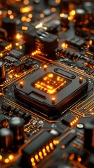Wall Mural - illuminated circuit board detail, glowing orange