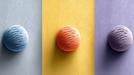 Aufkleber - Three-color Ice Cream Scoops Arranged Symmetrically on a Smooth Background, Showcasing Vibrant Flavors and a Clean Aesthetic
