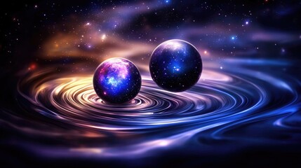 Wall Mural - Cosmic interaction of twin celestial spheres outer space digital art astral environment surreal viewpoint quantum concepts