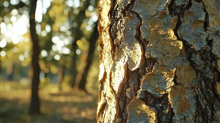 Wall Mural - Textured bark; forest view in background