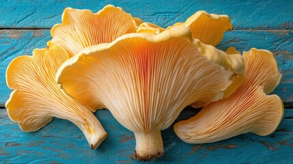 Wall Mural - Yellow oyster mushrooms piled on a blue wooden surface