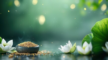 Wall Mural - a leafy green background with water lilies and a bowl of food on a nearby table