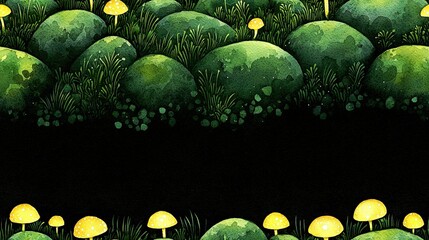 Wall Mural - a painting depicts a cluster of mushrooms surrounded by green grass; the center features bright yell
