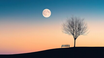 Wall Mural - bench & tree on hill; moon above; tree in foreground