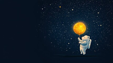 Wall Mural - a white bear holds a yellow balloon against a dark blue background, with stars in the night sky behi