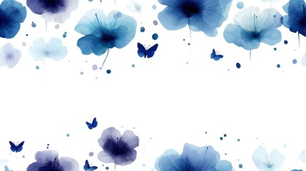 Wall Mural -   A watercolor artwork depicting blue blooms and a butterfly against a pristine white backdrop, with room for a title or illustration