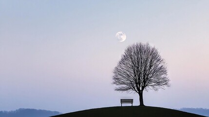 Wall Mural - lone tree atop hill with bench in fg, moon in bg