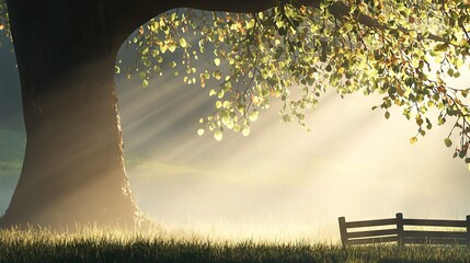 Wall Mural -   A bench beneath a leafy tree, where sunlight streams down through the foliage above