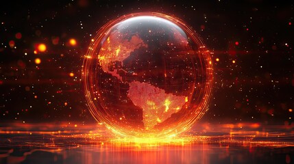 Wall Mural - dynamic digital globe with glowing red lines and data streams for a news intro concept.