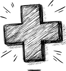 Poster - Hand-drawn sketch of a bold black cross with dynamic lines and shading. Vector illustration