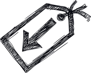 Leinwandbilder - Hand-drawn sketch of a price tag with a downward arrow in black ink art. Vector illustration
