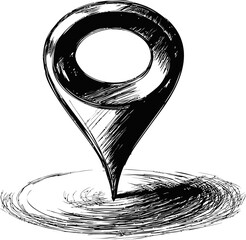 Poster - Hand-drawn black and white location marker in sketch style symbolizing navigation. Vector illustration