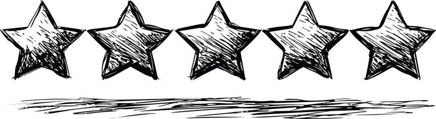 Poster - Five sketched stars arranged horizontally in black and white illustration. Vector illustration
