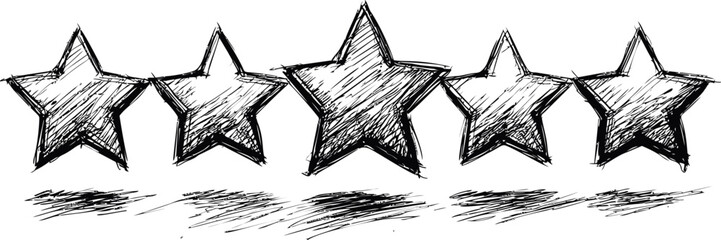 Poster - Five black sketched stars in a row, line art illustration. Vector illustration