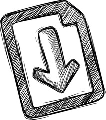 Poster - Hand-drawn sketch of a download arrow inside a rectangular shape, black and white. Vector illustration