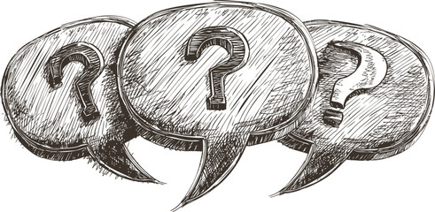 Poster - Three sketched speech bubbles with question marks in black and white illustration. Vector illustration