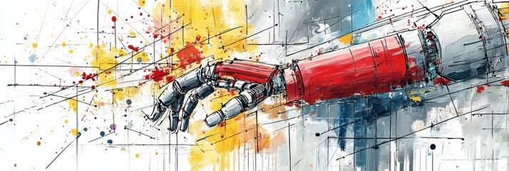 Poster - Robotic Hand Creates Abstract Artwork With Algorithmic Lines and Vibrant Colors in a Modern Studio