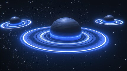 Wall Mural - Three ringed planets glow in a star-filled space vista