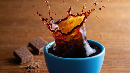 Fototapete - A blue cup overflowing with coffee, splashing onto chocolate shavings on the table.