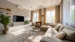 © Elshad - Modern home living room interior with sunlight stylish furniture TV screen Scandinavian design wide angle view