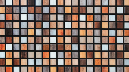 Leinwandbilder - abstract multi-colored background of wooden squares of different colors arranged in several even horizontal rows of mosaic. wall is made of wood and has a brown and white color scheme.