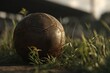 © whitestorm - A vintage leather soccer ball resting in the grass, illuminated by soft natural light, evoking nostalgia and the spirit of classic sports and outdoor play.