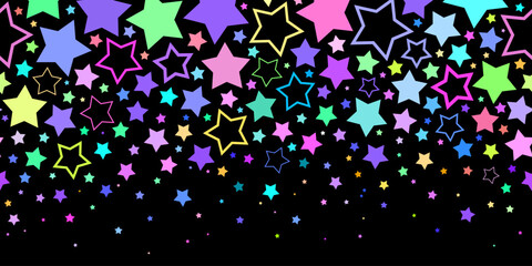 Wall Mural - Seamless pattern of bright multi-colored scattering stars on a black background