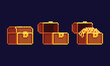 © gdainti - Pixel art vector illustration - wooden gold treasure chest, closed, opened and filled with gold coins, chains and ruby