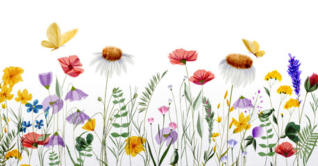 Wall Mural - art background with wild flowers on meadow in watercolor style. hand drawn botanical vector floral b