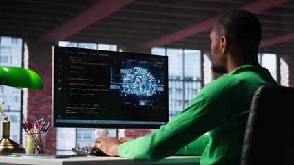 Black tech engineer programming an AI brain neural network for machine learning, doing maintenance and debugging the software systems. Technician expert uses coding language. Camera A.