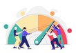 © Rudzhan - People with mood gauge meter. Men and woman push feelings indicator. Anxiety and stress, mental burnout. Tired people with emotions meter. Flat vector illustration