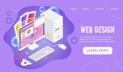 web design landing page. computer with program for graphic design. development of design elements an