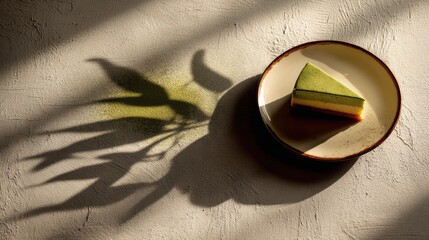 Aufkleber - Minimalist Matcha Cake Slice With Abstract Shadow Play on Textured Surface in Soft Light