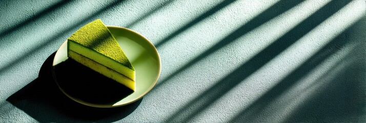 Aufkleber - Minimalist Matcha Cake Slice Highlighting Beautiful Shadow Patterns on a Textured Surface