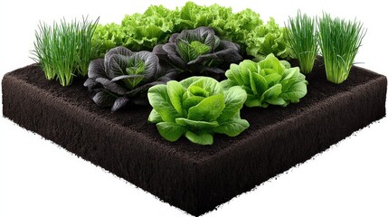 square patch of black soil with multiple fresh green leafy vegetables growing captured from top view