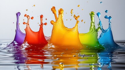 Wall Mural - Colorful water splashes, rainbow colors, on water surface, studio shot