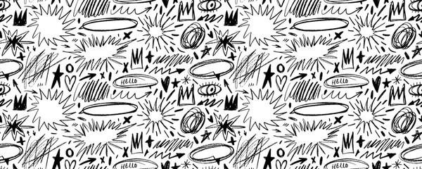 Poster - Seamless banner design with crayon drawn doodle stars, speech bubbles and messy shapes.