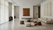 © Pannee - Minimalist home with clean lines, white walls, few decorations, and earth tone furniture