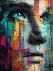 Poster - Glitch-art Inspired AI Face Blending Vibrant Color Fragments With Abstract Digital Aesthetics