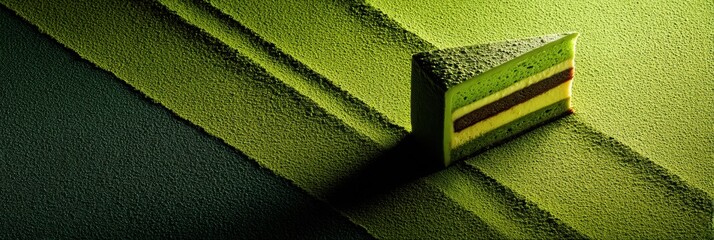 Aufkleber - Minimalist Matcha Cake on Textured Surface With Abstract Shadow Play at a Cozy Cafe During Afternoon