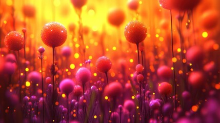 Wall Mural - Sunset Glow Fantasy field, glowing plants, bokeh background, digital art
