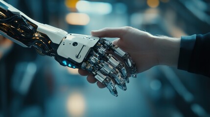 Fototapete - Robotic hand shaking a human hand.  Advanced technology and future